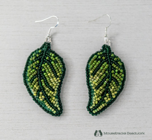Beaded Green Poplar Leaf Earrings