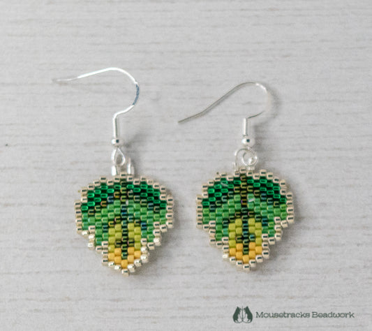 Beaded Green and Silver Autumn Leaf Earrings